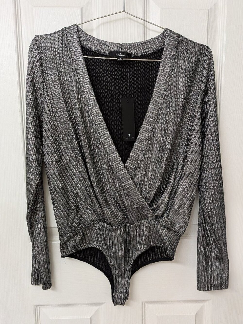 LuLu's Mock Wrap Metallic Gray Chevron Pattern Bodysuit | Small